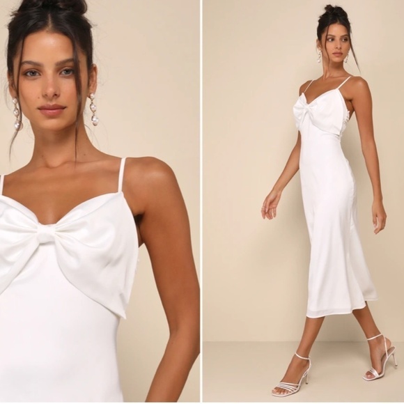 LULU's Bridal Engagement Bachelorette Elegant Sexy Bow Detail Chic Satin Midi - Picture 1 of 3